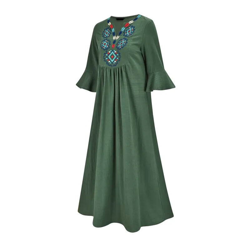 Women Bohemian Embroidered Lotus Leaf Sleeve Dress