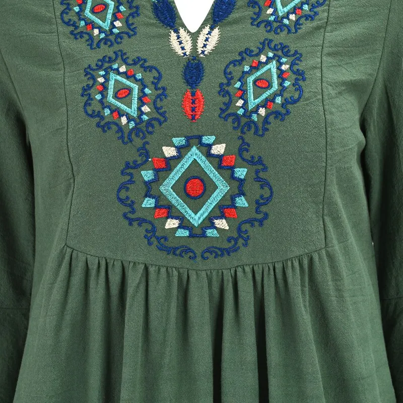 Women Bohemian Embroidered Lotus Leaf Sleeve Dress