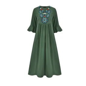 Women Bohemian Embroidered Lotus Leaf Sleeve Dress