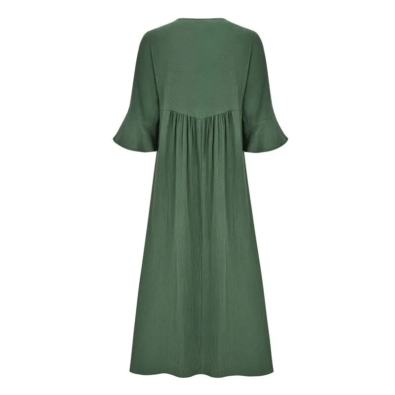 Women Bohemian Embroidered Lotus Leaf Sleeve Dress