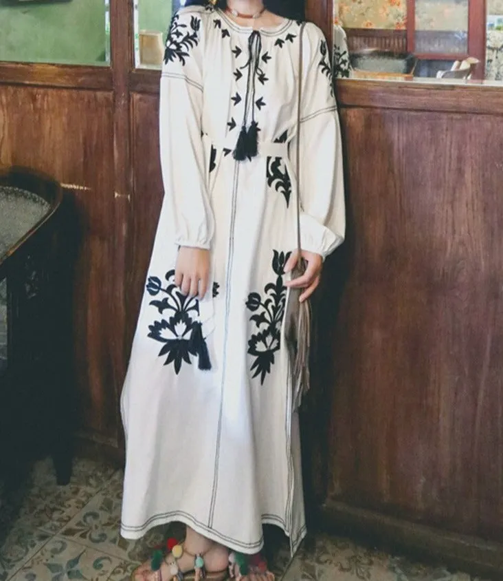 Women Embroidered V-neck Tie Split Retro Dress