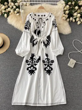 Women Embroidered V-neck Tie Split Retro Dress